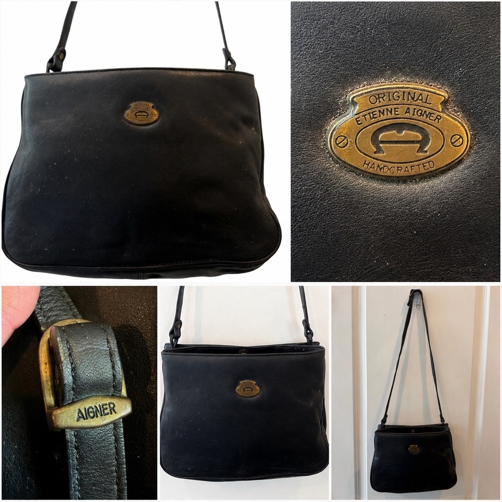 Etienne Aigner Black Leather Crossbody Bag Vintage Handcrafted Brass Logo